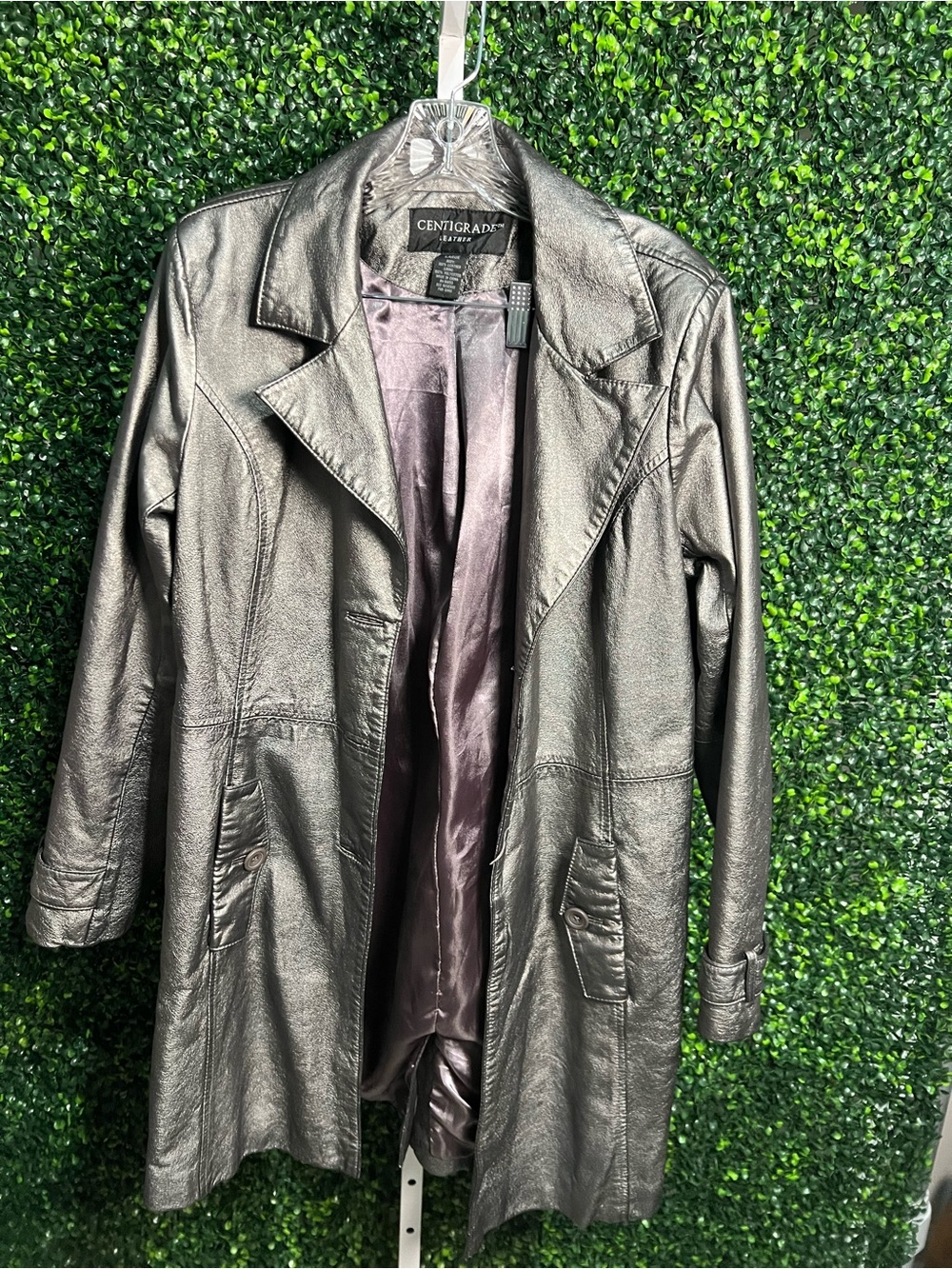 Centigrade Metallic Black Leather Trench Coat